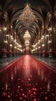Elegant hallway adorned with sparkling red carpet and ornate chandeliers in a grand venue during an evening event photo