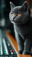 Black kitten with bright orange eyes curiously observing a mixing console in a stylish studio setting photo