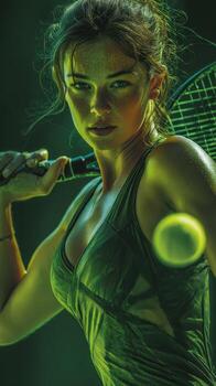 Tennis player prepares to serve during an intense match with focused expression and athletic stance in a vibrant green setting photo