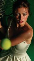 Tennis player prepares for a powerful serve with focus and determination on the court at sunset photo