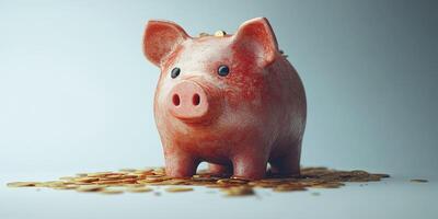 Piggy bank surrounded by coins on a smooth surface during an indoor setting with soft lighting photo
