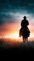 Cowboy riding horse in silhouette at sunset over plains with dramatic sky and tall grass photo