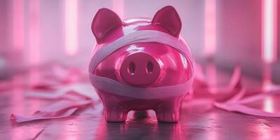 Pink piggy bank wrapped in white tape sits on a reflective surface illuminated by vibrant neon lights photo