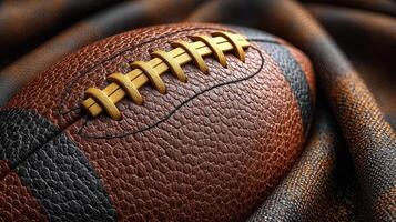 Close-up of a textured football resting on a fabric surface, showcasing intricate details and stitching in soft lighting photo