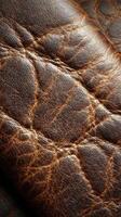 Detailed close-up of rich brown leather texture showcasing its unique patterns and natural wear photo