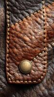 Detailed close-up of a handcrafted leather patch showcasing intricate stitching and texture photo