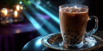 Delicious iced bubble tea served on a silver tray with steam rising in a cozy cafe setting photo
