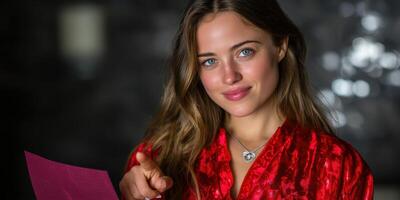 Model in a red robe pointing while holding a pink note in a softly lit room during an indoor photoshoot photo