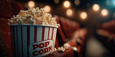 Fresh popcorn in a striped bucket sits on a theater seat under warm lights during a movie night photo