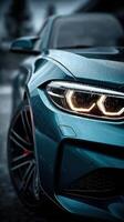 Detailed close-up of a sleek blue sports car with raindrops on its surface, captured during a moody twilight setting in an urban environment photo