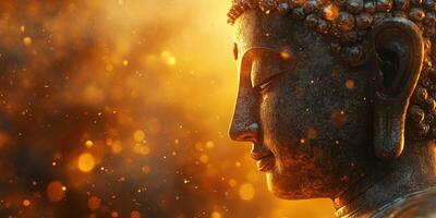 Ancient Buddha statue illuminated by warm light against a shimmering backdrop during a tranquil moment photo