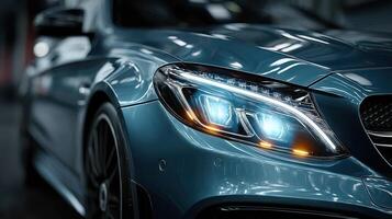Close view of a sleek blue luxury car showcasing its modern headlights and design elements in an indoor garage setting at night photo