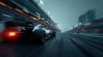 Fast-paced race car speeding down the track during a night race in a busy stadium filled with enthusiastic fans photo