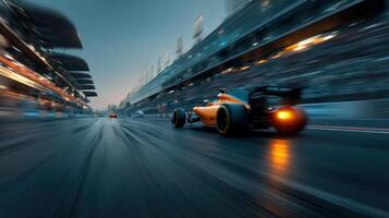 Fast-paced car racing at twilight on a bustling track with spectators cheering from grandstands photo