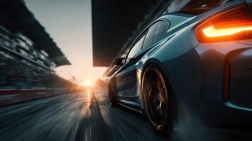 Racing car speeds down track at sunset, showcasing power and precision in action during a competitive event photo