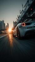 Race car speeding on a track at sunset, showcasing dynamic motion and urban background photo