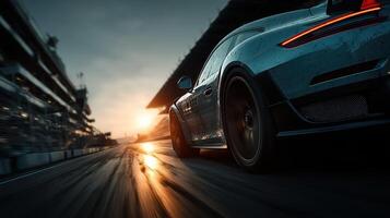 Dramatic sunset view of a racing car speeding on a wet track during a thrilling motorsport event in the late afternoon photo