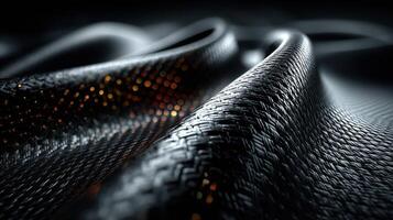 Black textured fabric with intricate weaving and reflective highlights under soft lighting creates an artistic visual composition photo