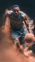 Athletic basketball player in motion creates dynamic energy with dust and dirt swirling around during a game photo