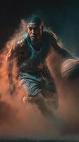 Dynamic basketball player dribbling through a cloud of dust during an intense game at night photo