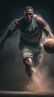 Intense basketball player driving to the hoop in a dramatic studio setting surrounded by dust photo