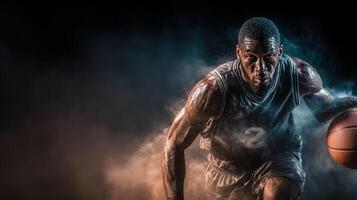 Dynamic basketball player dribbling amid colorful smoke and dramatic lighting in an intense indoor arena setting photo