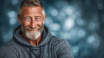 Smiling elderly man with a beard wearing a hoodie in a blurred background setting during daylight photo