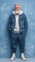 Stylish older man poses against a blue wall showcasing casual urban fashion and confidence photo