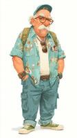 Elderly man in casual summer clothing stands confidently with a smile, showcasing a relaxed vacation vibe in a vibrant attire photo