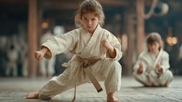 Young girl practicing martial arts in a dojo surrounded by other students during a training session photo