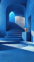 Stunning blue interior design with golden trophy set on a pedestal near spiral staircase in bright sunlight photo