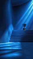 Trophy placed on steps illuminated by blue light in an abstract setting, symbolizing victory and achievement photo
