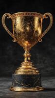 Golden trophy with intricate design displayed on a dark stone surface showcasing elegance and achievement during a prestigious award ceremony photo