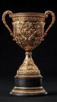 Exquisite golden trophy with intricate engravings displayed against a dark background photo