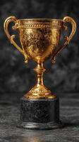 Golden trophy displayed on a dark marble base showcasing an award for excellence in a competition or event photo