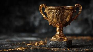 Shiny golden trophy on a dark surface surrounded by scattered gold dust and a blurred background photo