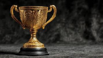 Golden trophy placed on a dark surface showcasing intricate design details and reflecting light elegantly photo