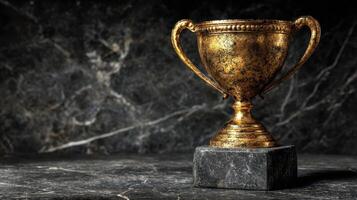 Golden trophy resting on black stone surface highlighting achievement and success in a dimly lit environment photo
