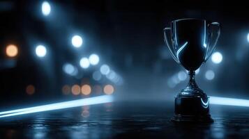 Shiny trophy placed on a dark pedestal with a blurred urban background illuminated by neon lights photo