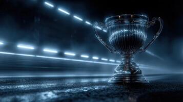 Shimmering trophy on a dark background with bright streaks of light in an urban setting at night photo