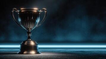 Shiny trophy positioned in a dimly lit room with blue lighting during an award ceremony photo