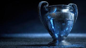 Shiny silver trophy with blue lights displayed on a dark surface in a dimly lit environment during an award ceremony photo