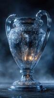 Intricate glass trophy illuminated in soft light against a dramatic dark background photo