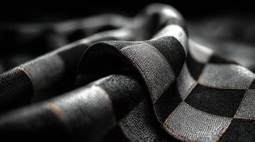 Close-up view of textured black and gray checkered fabric highlighting its intricate weave and patterns under soft light photo