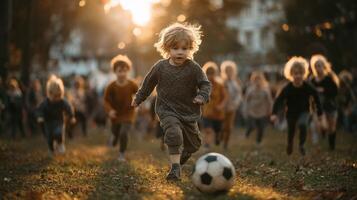 Children playing soccer in a sunlit park during late afternoon photo