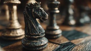 Chess pieces on a wooden board with a close-up of the knight showcasing intricate designs and textures photo