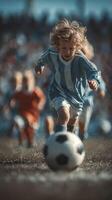 Young child dribbles soccer ball during a match on a sunny day in a local field filled with eager players photo