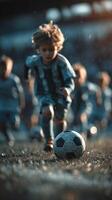 Young players sprint towards a soccer ball during an afternoon practice on a grass field in a community sports event photo