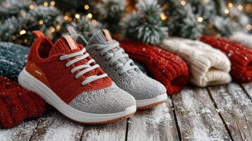 Festive winter footwear displayed alongside cozy knitted sweaters against a rustic wooden backdrop photo
