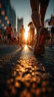 Runners sprinting towards the sunset during a city marathon on a vibrant autumn evening photo